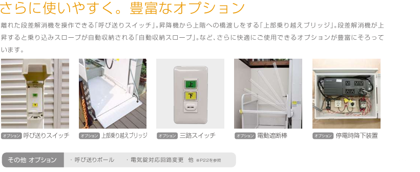 段差解消機タスカルりふとの豊富で便利な各種オプション:離れた場所から操作できる呼び送りスイッチ、上階への橋渡しをする上部乗り越えブリッジ、三路スイッチ、電動遮断棒、停電時降下装置、呼び送りポール、電気錠対応回路変更